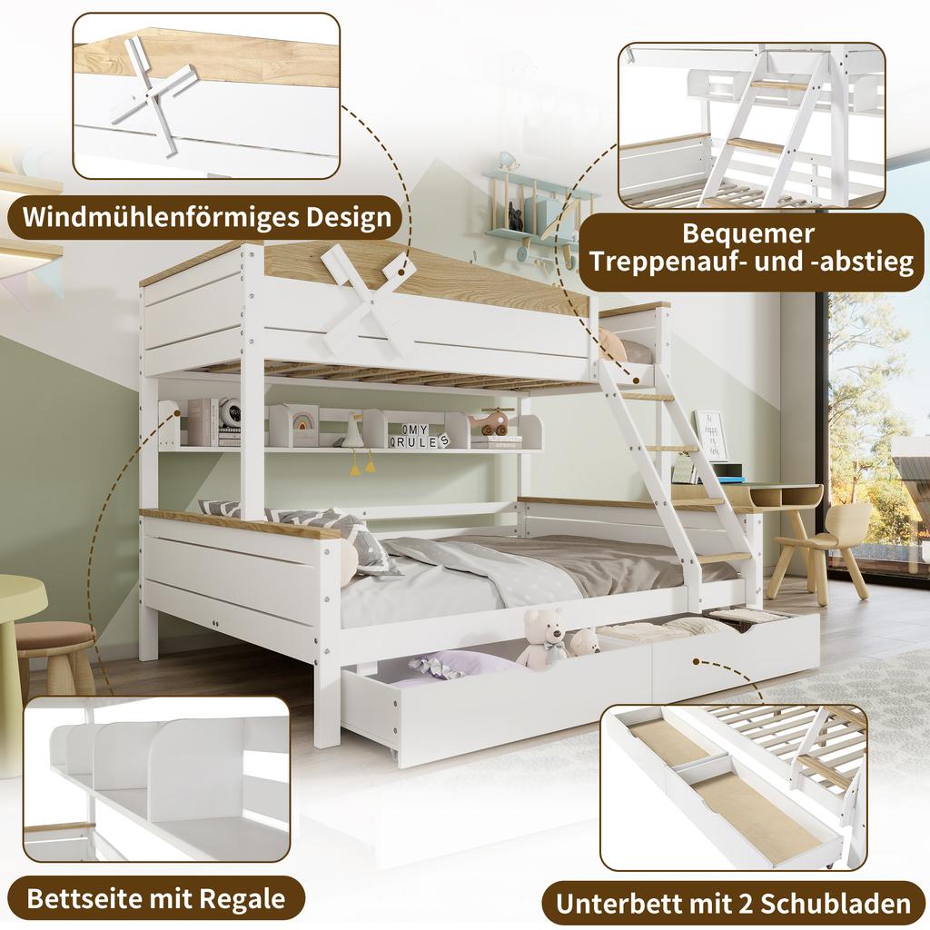 Bunk Bed with Windmill, Shelves, Color-Contrasted Safety Rail, Four-Step Angled Ladder and Drawers, Pine+MDF, White+Natural, 90x200cm&140x200cm