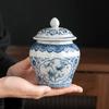 Modrá a bílá porcelánová dóza na čaj Keramická dóza s víčkem Uzavřená krabička na cukroví Retro ledem popraskaná glazura Úložná nádoba na čaj