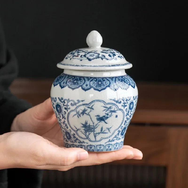 Modrá a bílá porcelánová dóza na čaj Keramická dóza s víčkem Uzavřená krabička na cukroví Retro ledem popraskaná glazura Úložná nádoba na čaj