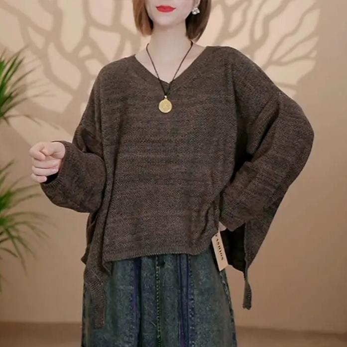 Dimanaf 2025 Sweater Autumn Bat Winter Women Solid V-Neck Sweaters Knitting Loose Red Sweater