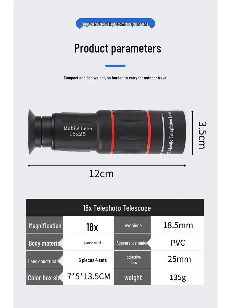 18x Mobile Phone Telephoto Lens: HD Concert Photography Monocular Telescope.