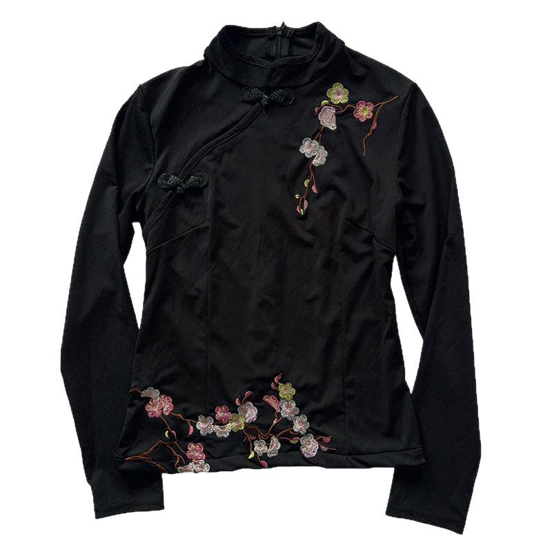 Schwarzes Cheongsam-Oberteil für Damen: Pflaumenblüten-Stickerei, Froschknopf, Langarm