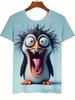 3D Fun Penguin Print Men's Trendy Color-Block Short Sleeve Crew Neck-Shirt, Summer Outdoor, Street Style, Casual, PLUS SIZE