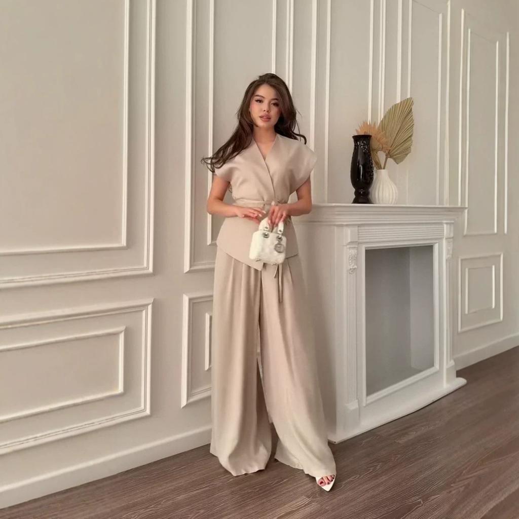 European and American Amazon Women's New V-Neck Short Sleeve Thin Belt Waist Cardigan High Waist Wide Leg Pants Casual Suit