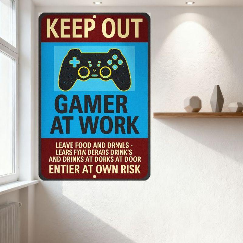 Vintage 'KEEP OUT' Gamer At Work Metal Tin Sign - Blue Red Yellow Warning Board for Home Office Man Cave Decor