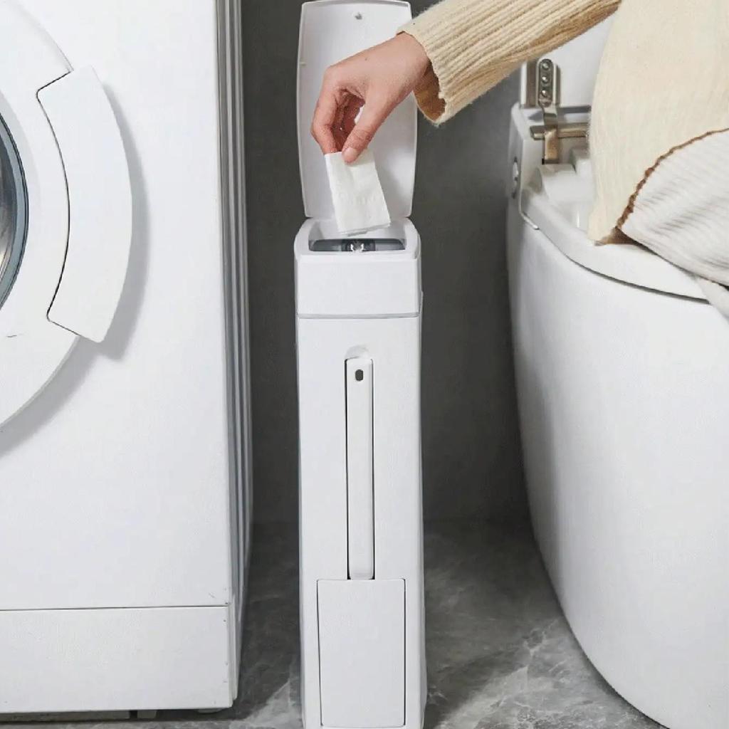 Space Saving Trash Can For Bathroom Crevice Press Trash Can With Toilet Brush Narrow Garbage Can Litter Bin Garbage Container