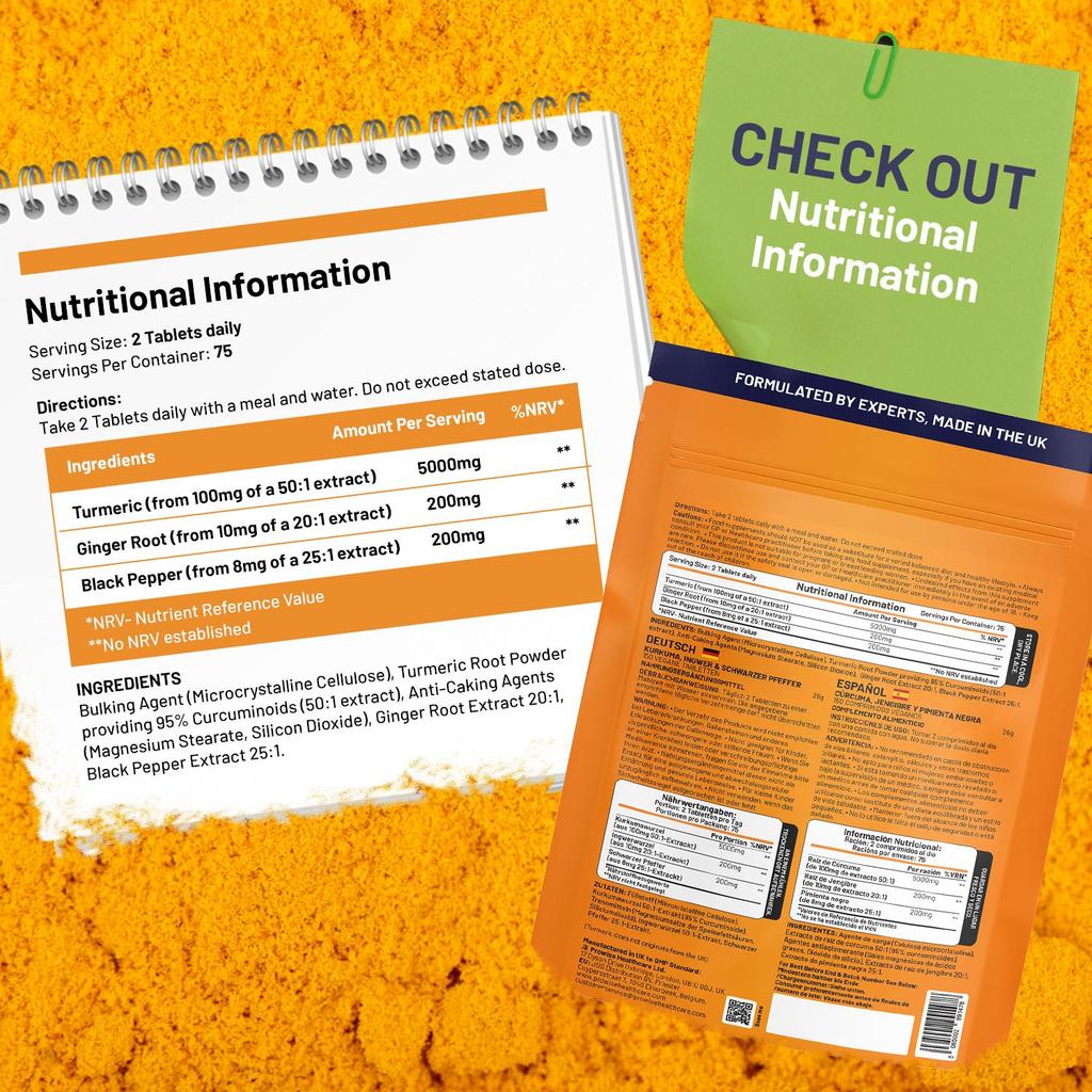 Turmeric Tablets 5400mg with Black Pepper, Ginger - High Strength Turmeric 95% Curcumin Supplements