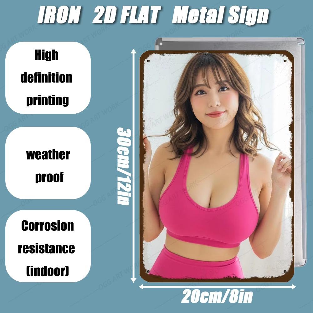 Retro Metal Wall Sign - Vintage Pink Fitness Girl, 8x12in Poster for Home Gym, Bar, Cafe, Wedding Decor