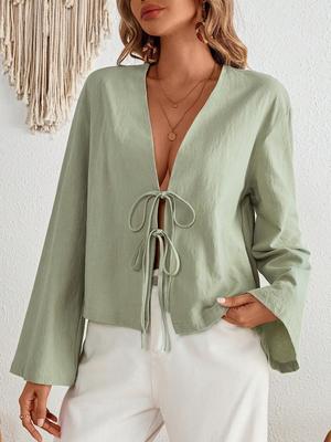 Autumn Winter New Tie-Up Long Sleeve Top Loose V-Neck Hollowed Out Solid Color Shirt