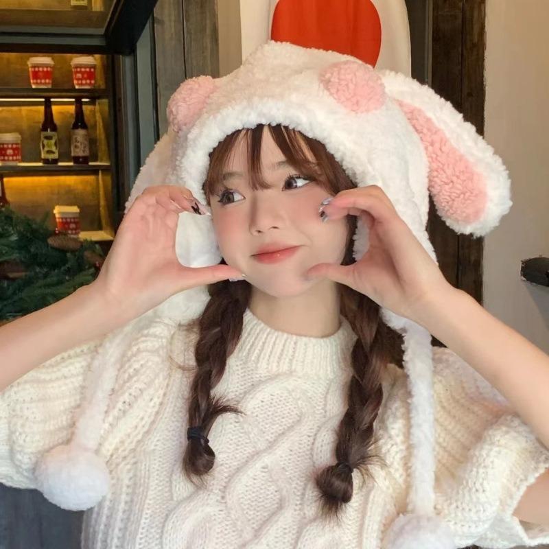 Cartoon cute big-eared rabbit female new winter thickened warm plush ear cap