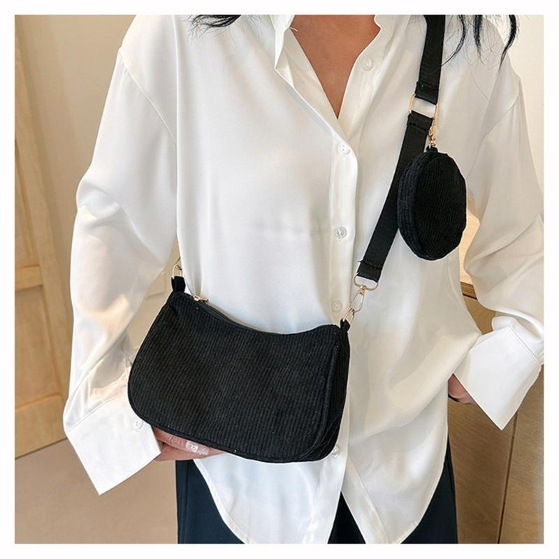 Womens Fashion Solid Color Corduroy Underarm Bag with Coin Purse Pouches Shoulder Crossbody Bag for Shopping Dating Work