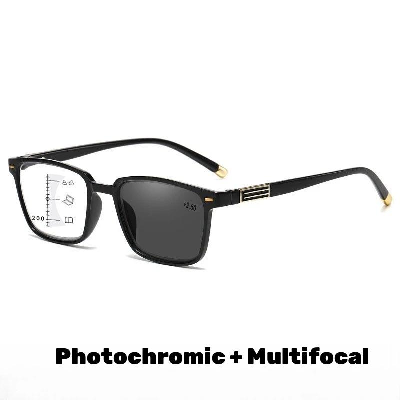 Progressive Multifocales Pochromic Reading Glasses Men's Retro Ultra Light Square Frame Anti Blue Light Eyeglasses Diopter