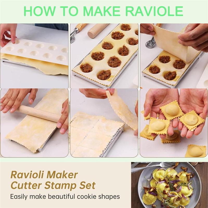 B97A-8-Piece Ravioli Mold Set Includes Ravioli Maker Press Dough Scraper Dumpling Maker Pasta Cutter