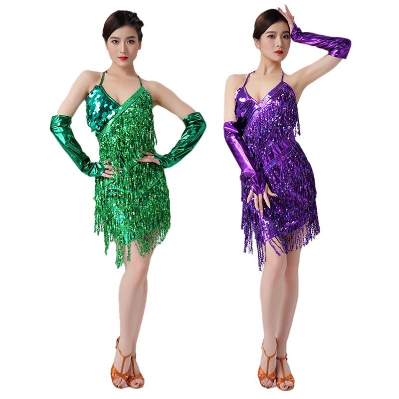 Women's Latin Dance Dress - Sparkling Backless Fringe Performance Dress with Adjustable Straps