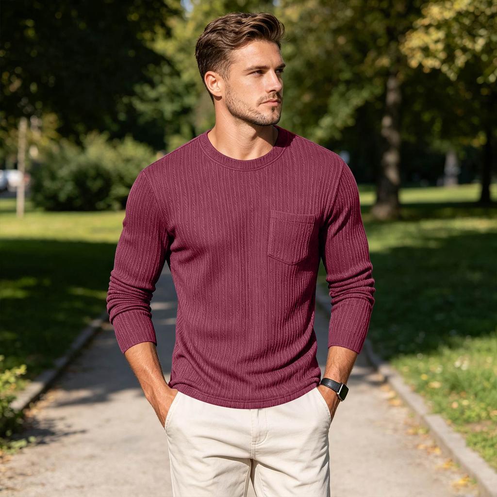Men's Round Neck Casual Color Knit Base Layer Shirt with Pocket for Everyday Layering