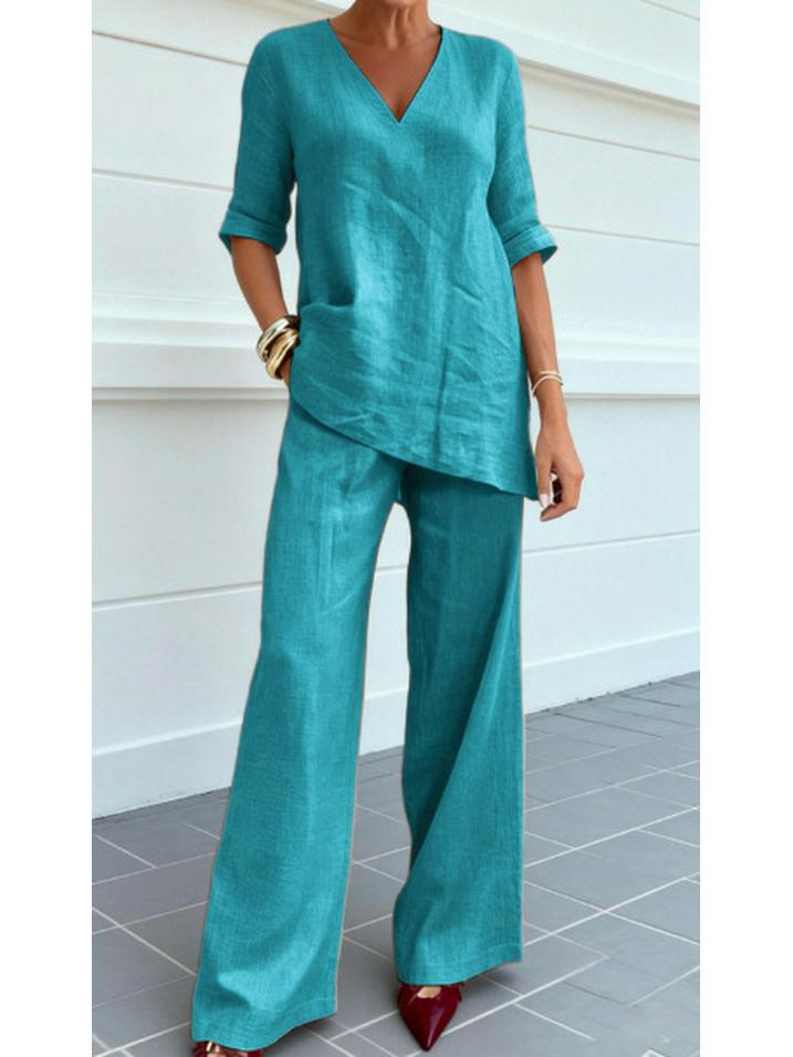 2026 European Cotton Linen Women's Casual Solid Color Two-Piece Set