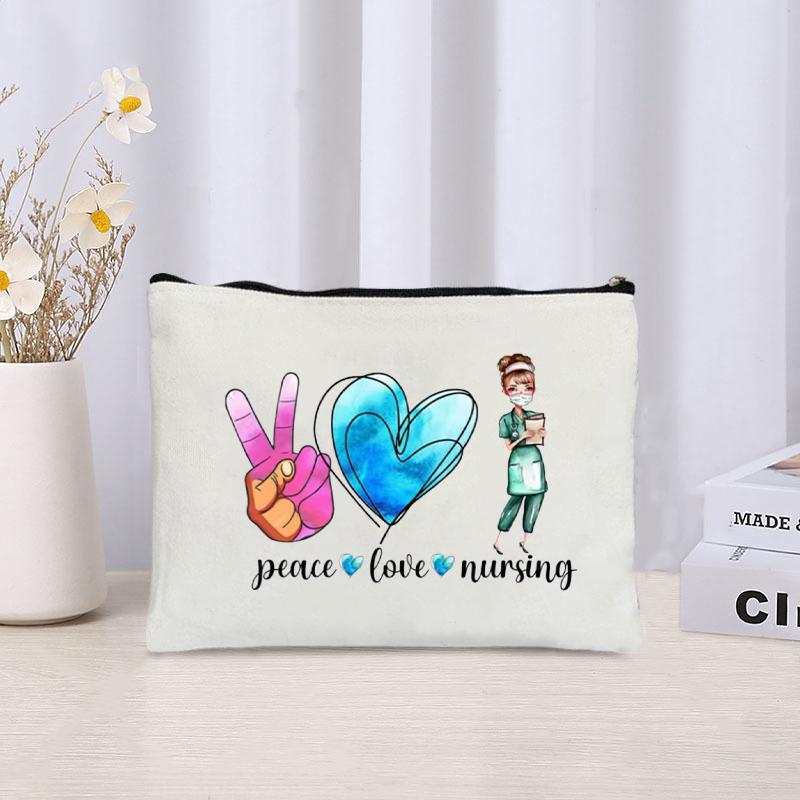 Nurse Life Love Leopard Printed Canvas Cosmetic Bag Travel Sundries Zipper Storage Pouch Office Supplies Pencil Case Nurse Gift
