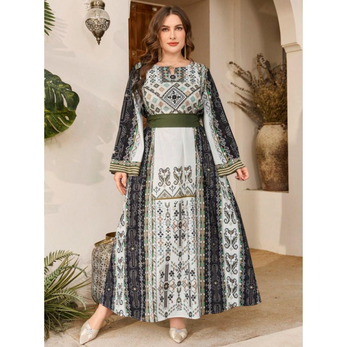 Women s Round Neck Long Sleeve Loose Geometric Print Maxi Dress Elegant Belted Muslim Abaya Gown S оливковое зеленый