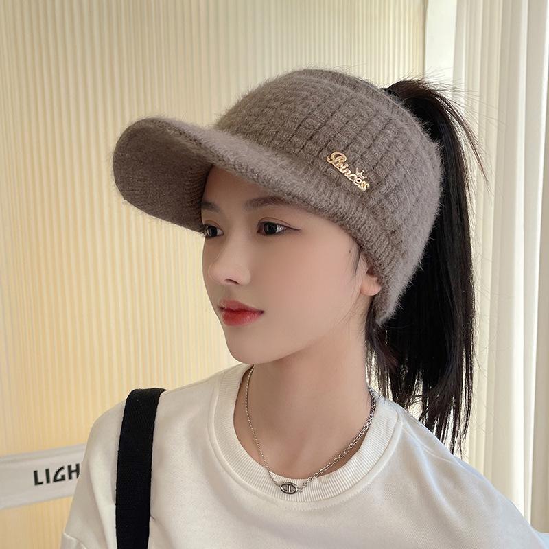 Women's Fleece-lined Wool Knitted Wide Brim Visor Hat for Autumn & Winter Sports