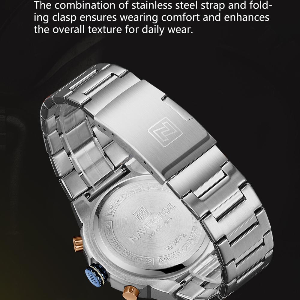 Naviforce Męski Zegarek Kwarcowy Wskazówkowy Stoper Chronograf Wodoodporny Pasek Ze Stali Nierdzewnej Kalendarz Luminescencyjny Męski Chłopięcy Modny Zegarek Casualowy NF8072