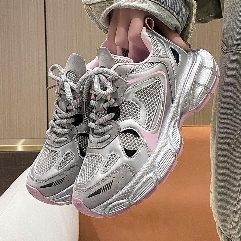 Sølv pappasko dame ny vår og høst allsidig Xiaoxiangfeng fritidssportssko høydeøkende løpesko