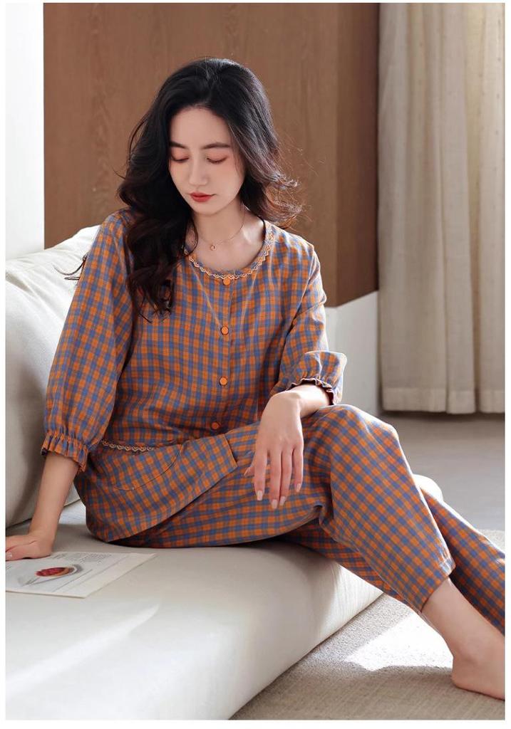 Women's Pajama Set with Chest Pads: Seven-Sleeve Cardigan & Nine-Point Pants for Spring, Autumn & Summer