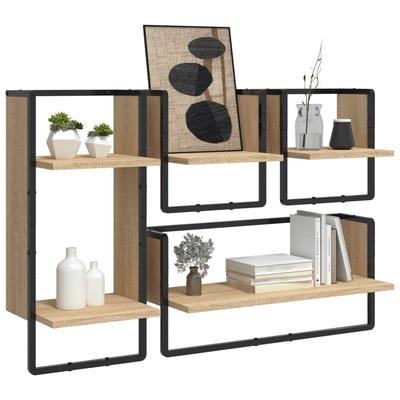 4 Piece Wall Shelf Set with Bars Sonoma Oak Wood Based Material