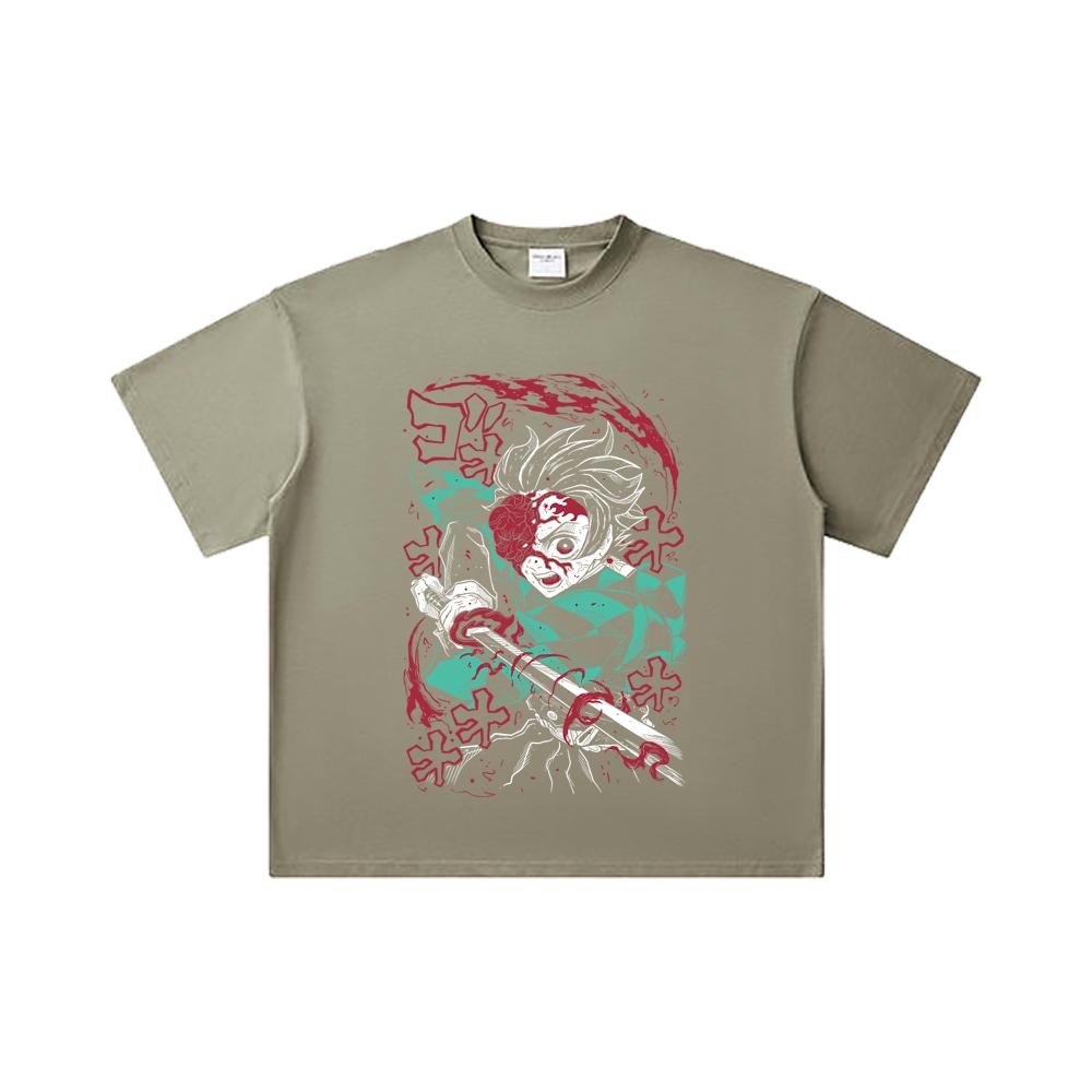 260 GSM Double Yarn 32 Count 100% Cotton Demon Slayer V41 Demon Tanjiro Print Unisex Heavy Cotton T Shirt