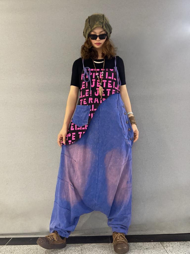 Retro personality old letter splicing overalls women's summer new large size fat sister jumpsuit tide