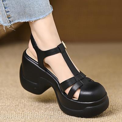 8CM Retro Style Bag Head Thick-soled Thick-heeled Sandals Women's 2025 Summer New Versatile Skirt Shallow High Heels