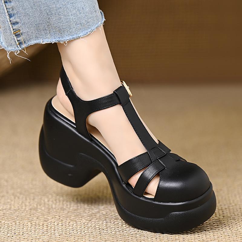 8CM retro style bag head thick-soled thick-heeled sandals women's 2025 summer new versatile skirt shallow high heels
