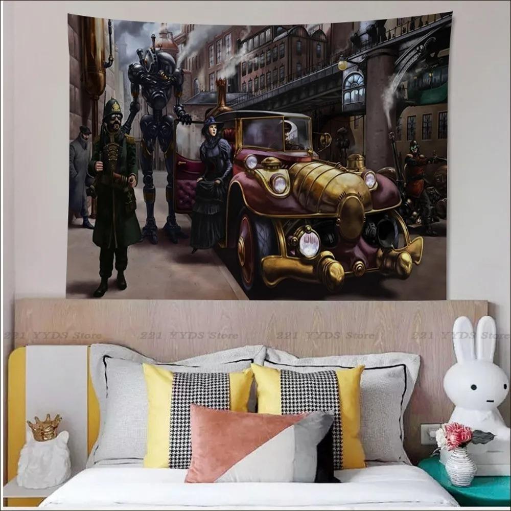 Office Living Room Tapestry Retro Steam Train Punk Style Hanging Cloth Home Wall Decoration Tapestry
