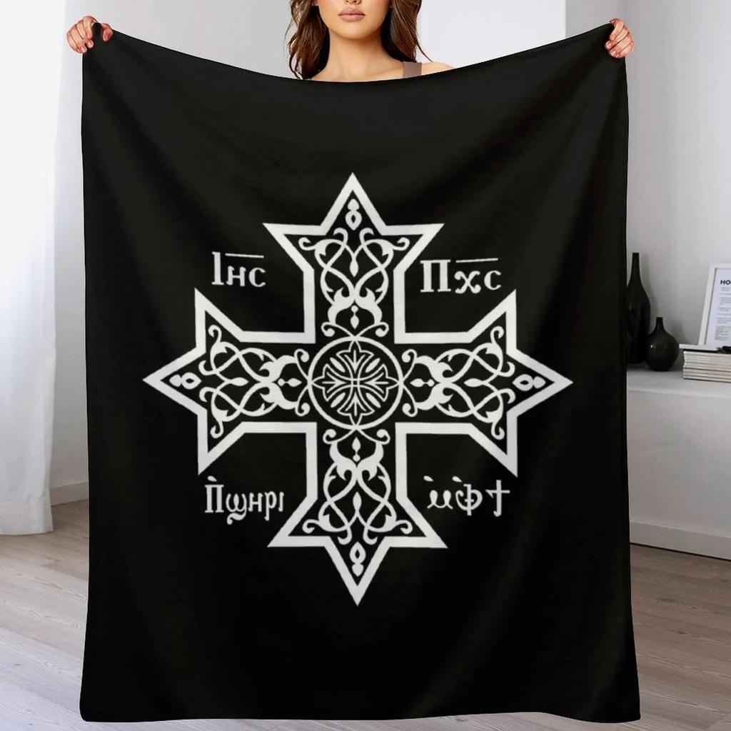Koptisch-Orthodoxes Kreuz mit Jesus Christus, dem Sohn Gottes, Decke Warm Gemütliche Decke für Wohnzimmer Sofa