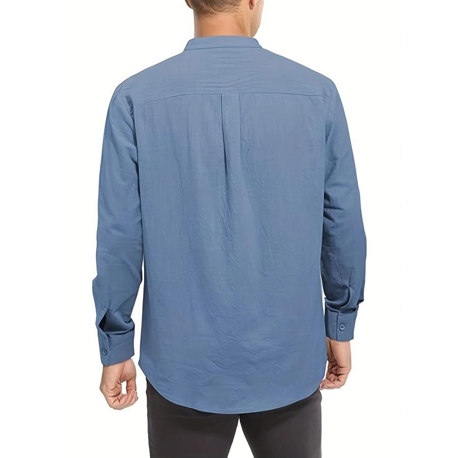 Spring Autumn Top Standing Collar Men's Clothing Solid Color Long Sleeve Button Men's Cotton Linen Shirt