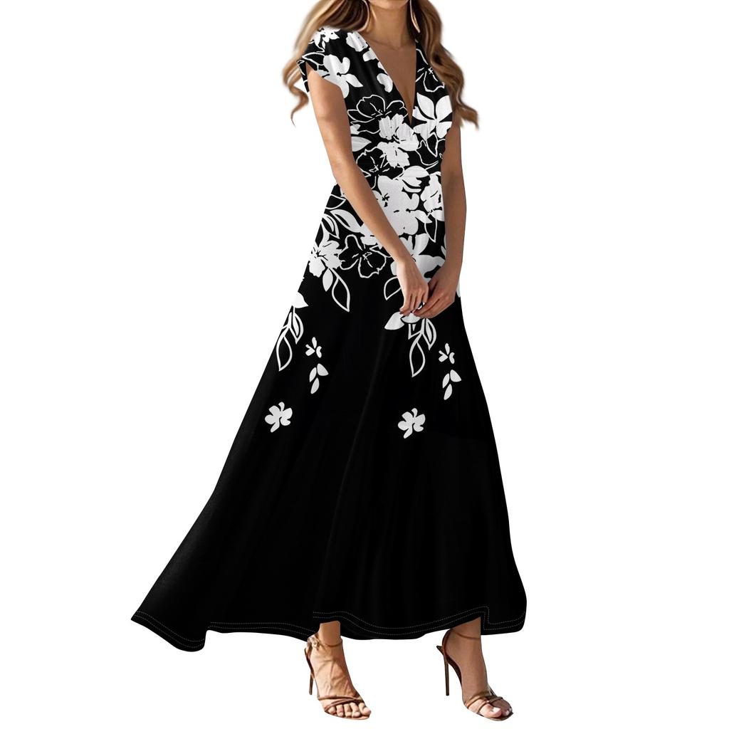 Maxi Dress For Womens High Waiste Deep V Neck Dress Printed Dresses Beach Flowy Dress Retro Summer Dresses
