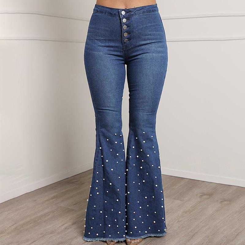 Women s Jeans 2026 New Fashion High-Waisted Stretch Slimming Loose Beaded Flared Pants S синий