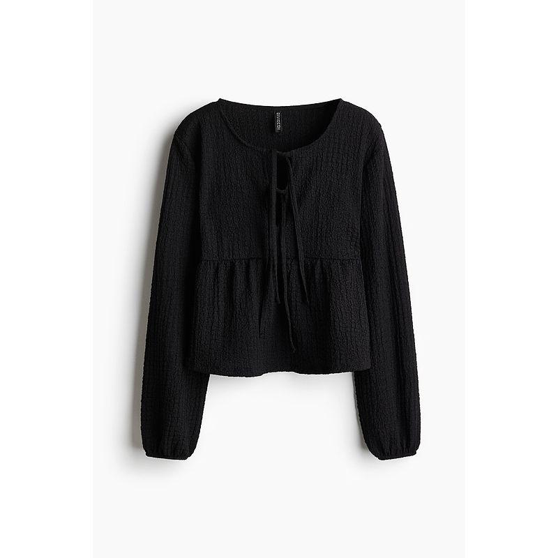 

HM Women s Shirt 2025 Autumn New Arrival Long Sleeves Wrinkle Feeling Shoelace Micro-Pull Skirt Hem Tops 1260708 Black 155/76(XXS)