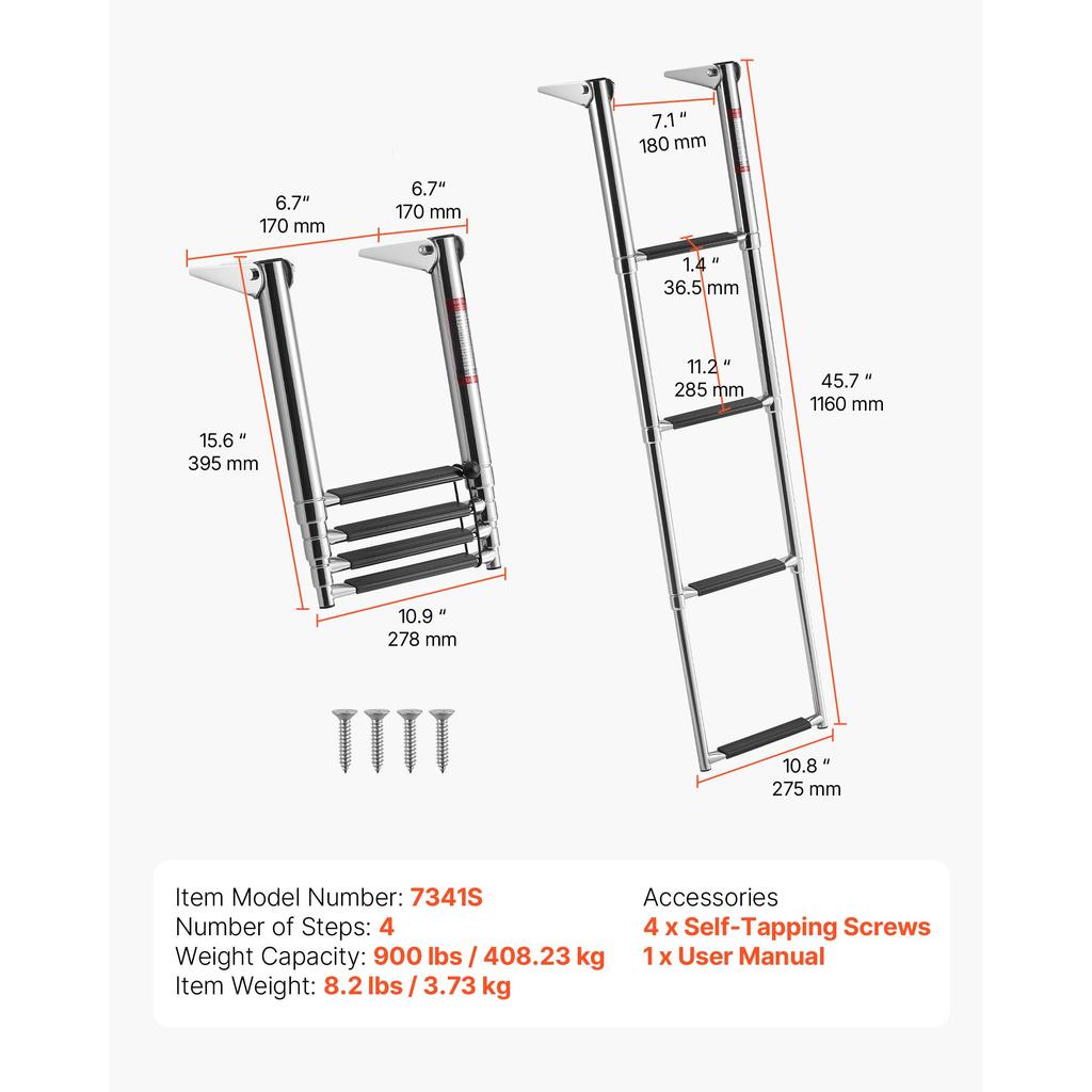SucceBuy 3/4 Steps Boat Ladder Stainless Steel 600/900 lbs Telescoping Folding Swim Deck Ladder with Anti-Slip Steps for Yacht