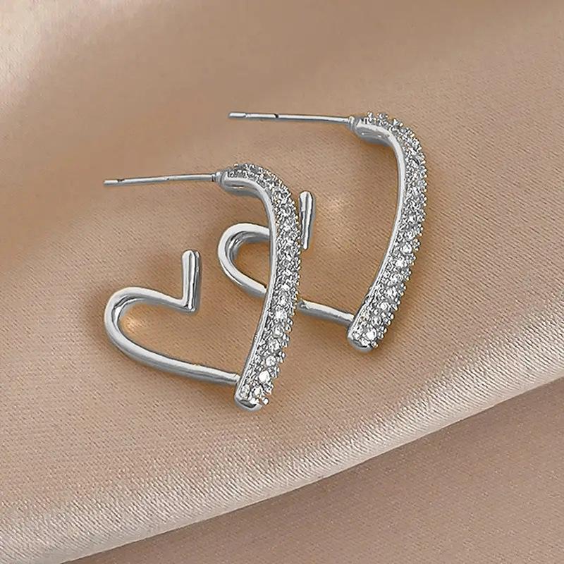 Luxury Crystal Love Heart Open Earrings for Women Simple Design  Sterling Silver Stud Earrings Stylish Minimalist