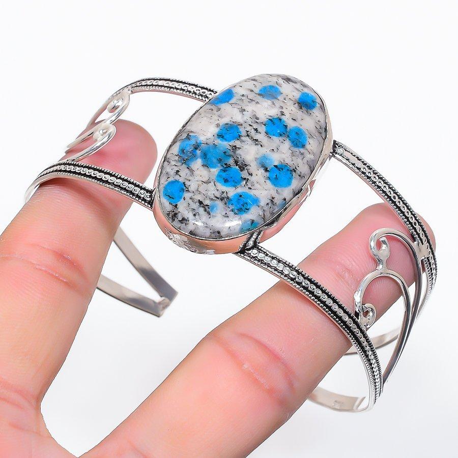 Natural K2 Blue Azurite Gemstone 925 Sterling Silver Cuff Bangle Adjustable M9O00