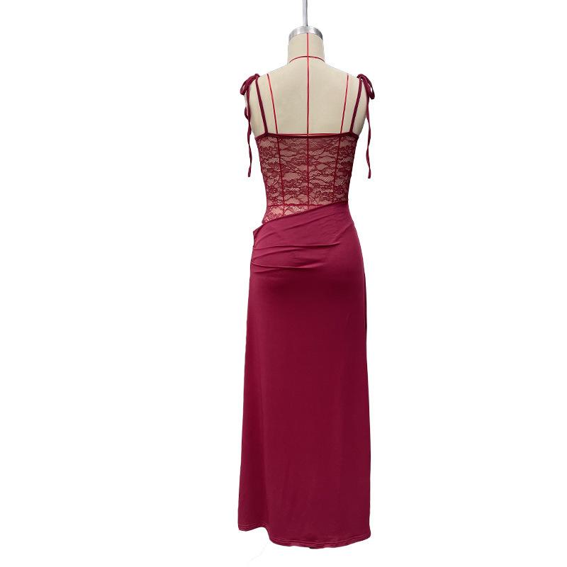 Women's Sexy Lace Off Shoulder Spaghetti Strap Bodycon Maxi Dress with Slit and Patchwork Sheer Cutout