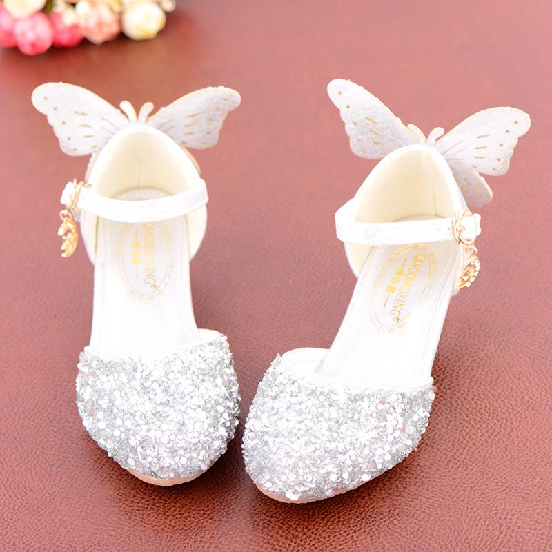 

2025 New Silver Crystal Princess Shoes for Girls - High-Heeled Leather Dance Shoes Size 31, 19.5 cm