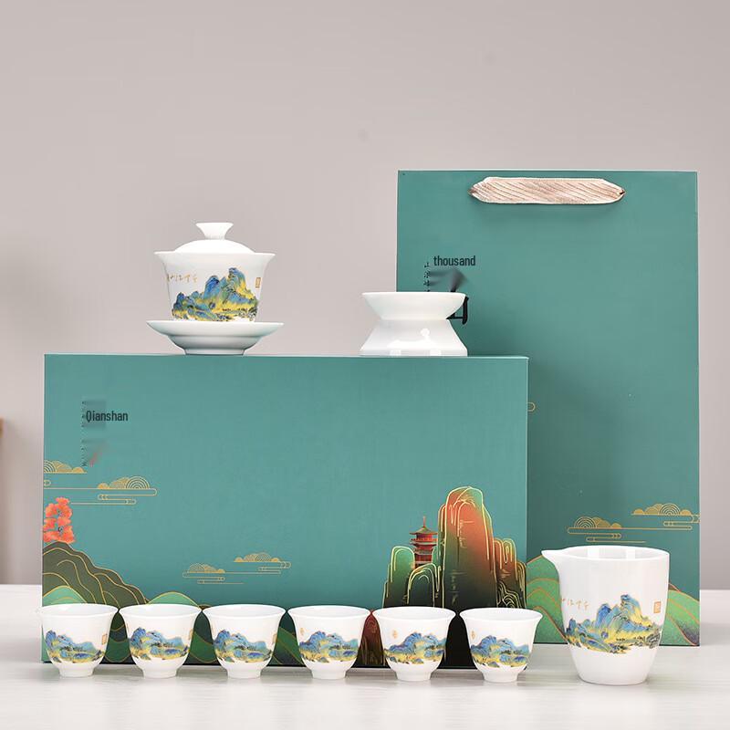 

Jinge Dehua White Porcelain Gongfu Tea Set, Qianli Jiangshan Design