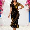 Women Plus Size V Neck Short Sleeve Fitted Black Printed Fishtail Dress
