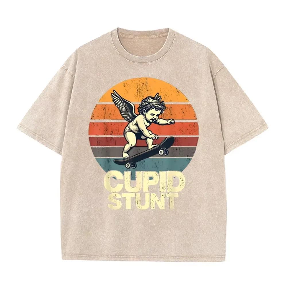 T-shirt Oversize Délavé Acide Graphique Skate Rétro Beige « Cupid Stunt »