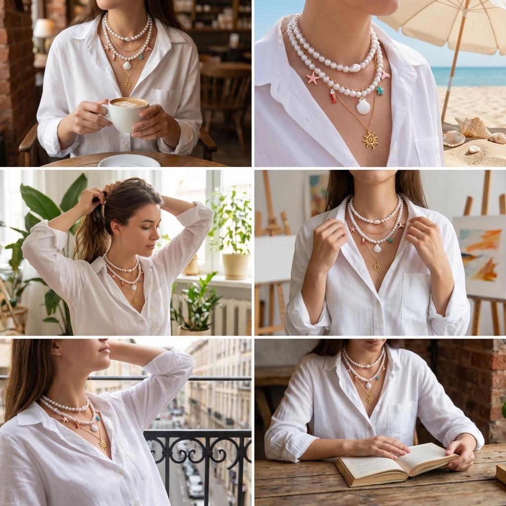 Bohemian Beach Shell Conch Beaded Necklace for Women Ocean Style Seashell Starfish Sun Pendant Choker Vacation Party Jewelry