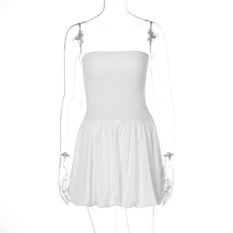 Solid Color Waist Cinching Strapless Dress Pure Color Girdle Tube Top Dress