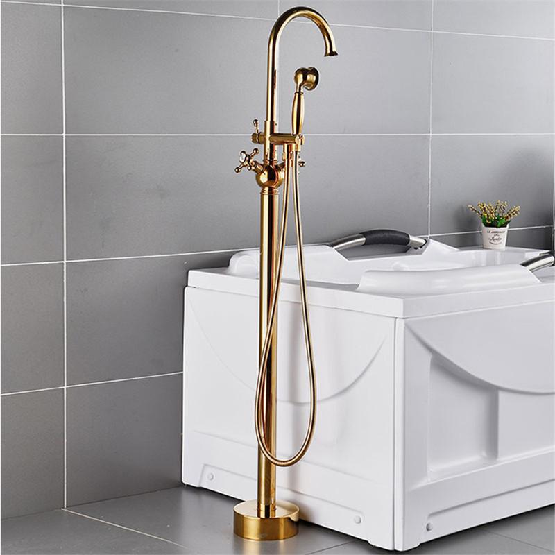 Tuqiu Gold Bathroom Bathtub Faucet + Handheld Shower Free Standing Luxury Waterfall BathTub Mixer Taps Floor Mounted