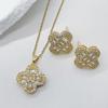 Dainty Zirconia-Encrusted Four-Leaf Clover Necklace Earring Set In Gold Or White Finish Lightweight O-Chain Jewelry Women