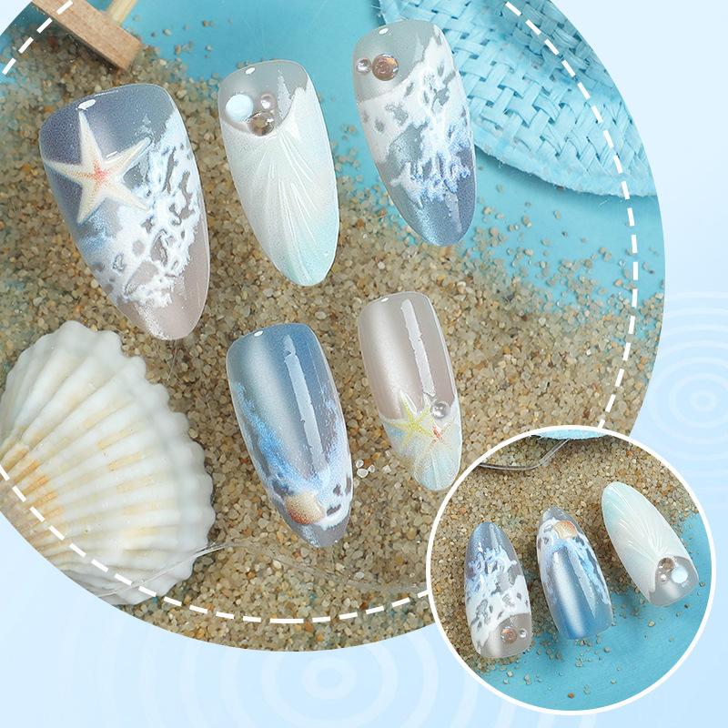 Handmade almond press on nails with 3D carved starfish & flowers, European style relief finished false nails for cross-border supply.